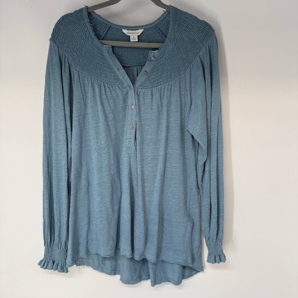 Sundance 100% Linen Tunic Top Womens Medium Blue Long Sleeve Smocked Henley Neck